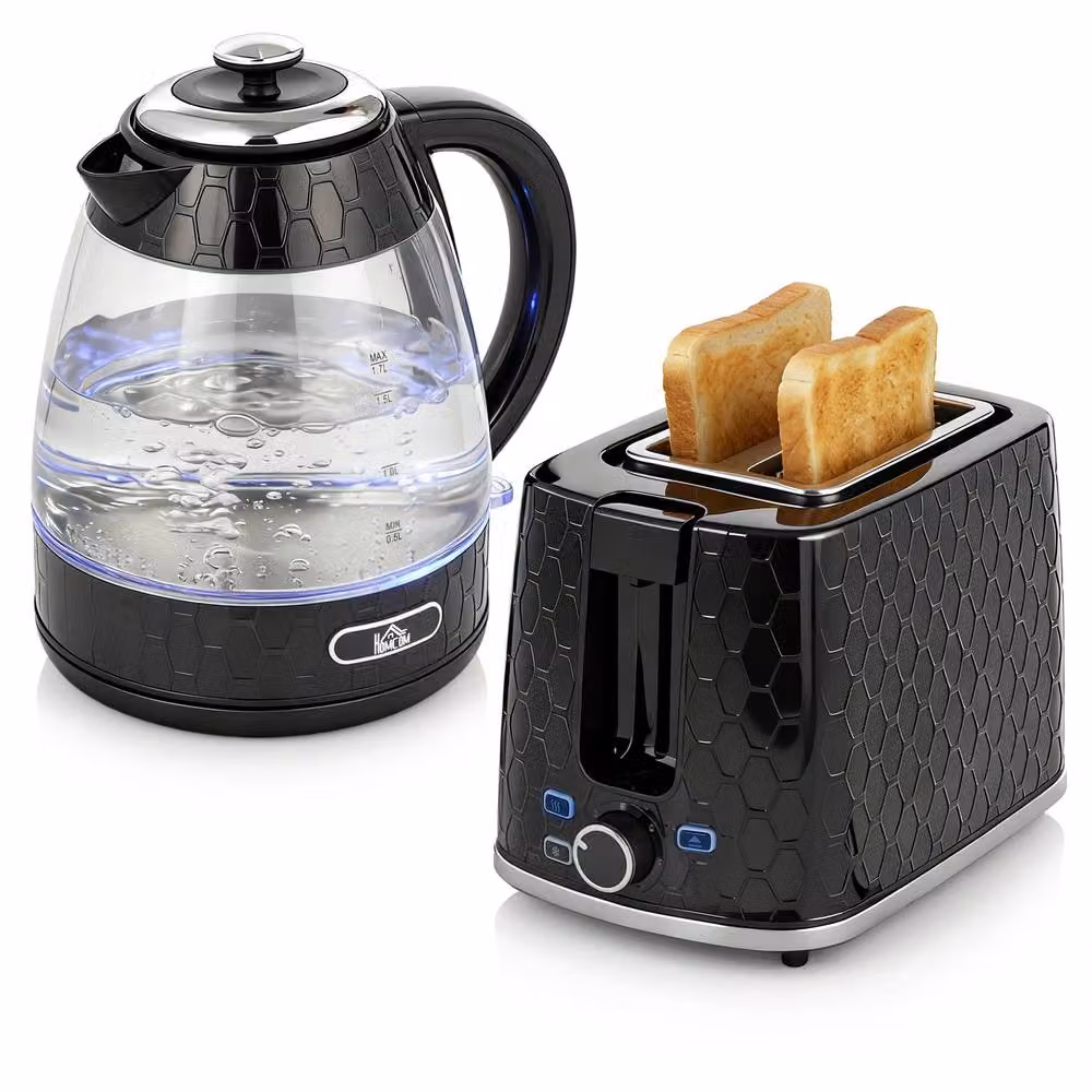 HOMCOM Kettle and Toaster Set with Limescale Filter and Crumb Tray, Black – 2