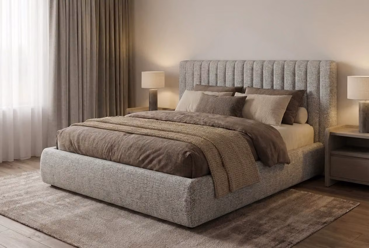 Araco Atelier Haven Bed in Beige and Grey Upholstered Fabric