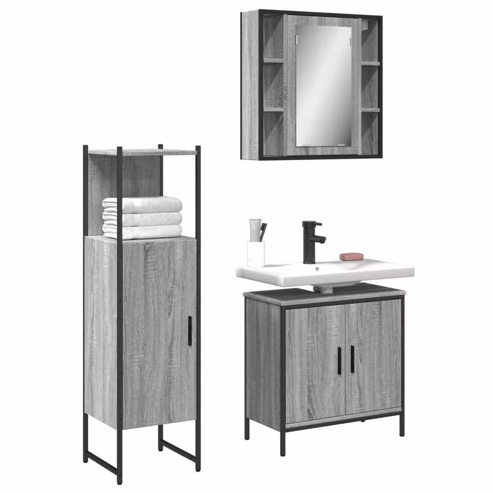 Berkfield Home 3 Piece Grey Bathroom Cabinet Set with Vanity Unit – 1