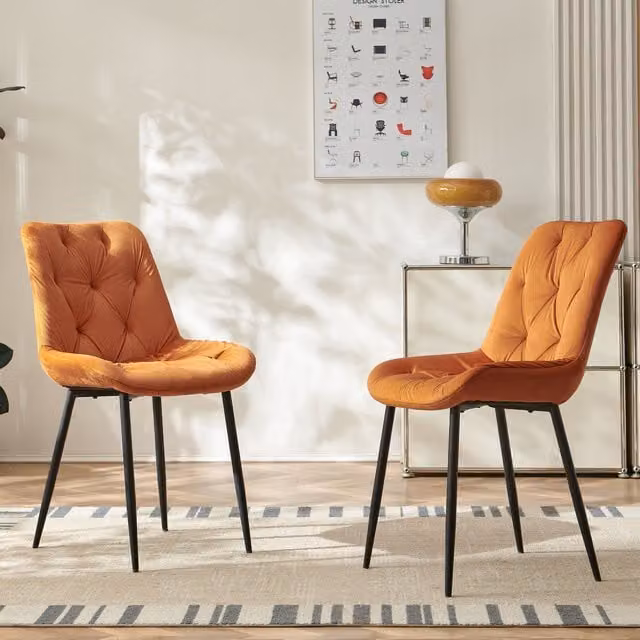 SONARA Modern Set of 2 Orange Velvet Dining Chairs with Ergonomic Upholstered Seats and Metal Legs