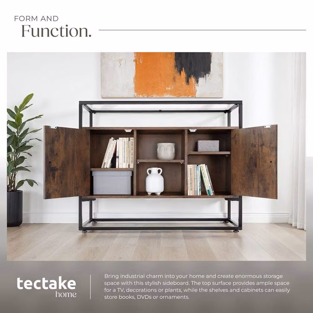 tectake Oldham Industrial Sideboard with Glass Top and Open Shelves in Brown and Black – 4