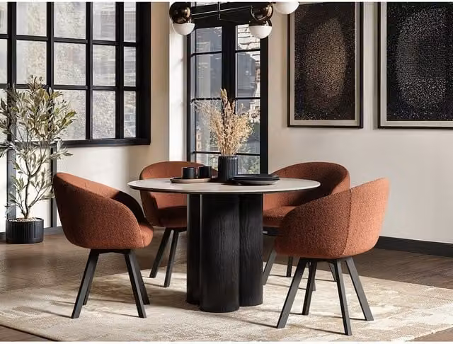 SOLACE+CO Deko Modern Round Ceramic Dining Table and Vito Chairs Set in Beige and Orange