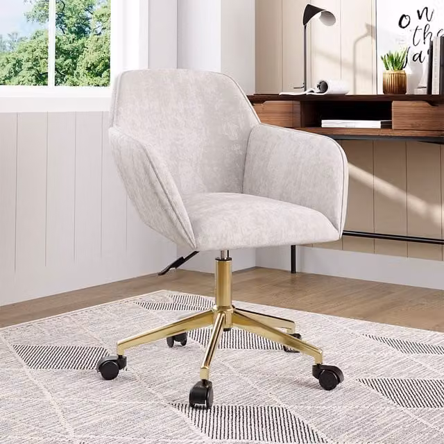 Livingandhome White Velvet Upholstered Swivel Task Chair with Gold Metal Base