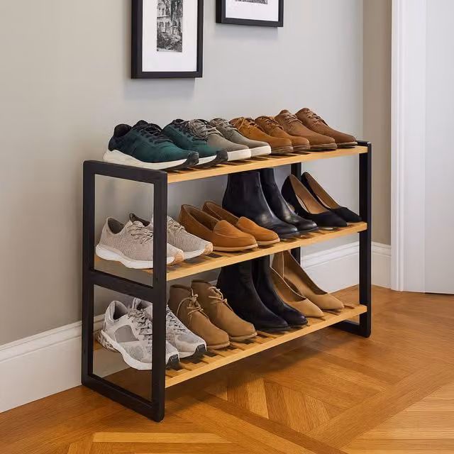 Neo 3-Tier Bamboo Shoe Rack Stand in Black and Wood