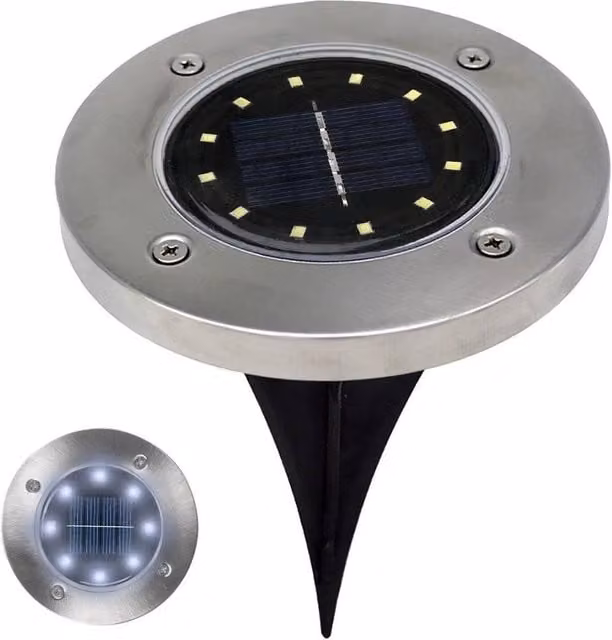 FLAVORA 10-Pack Solar Powered LED Ground Recessed Garden Lights in Silver Stainless Steel with Warm White Light – 1