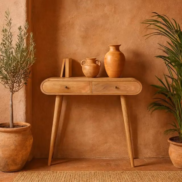 Wyld Haus Florence Oval 2 Drawer Mango Wood Console Table in Natural Brown, W/D/H: 78 x 35 x 35 cm – 1