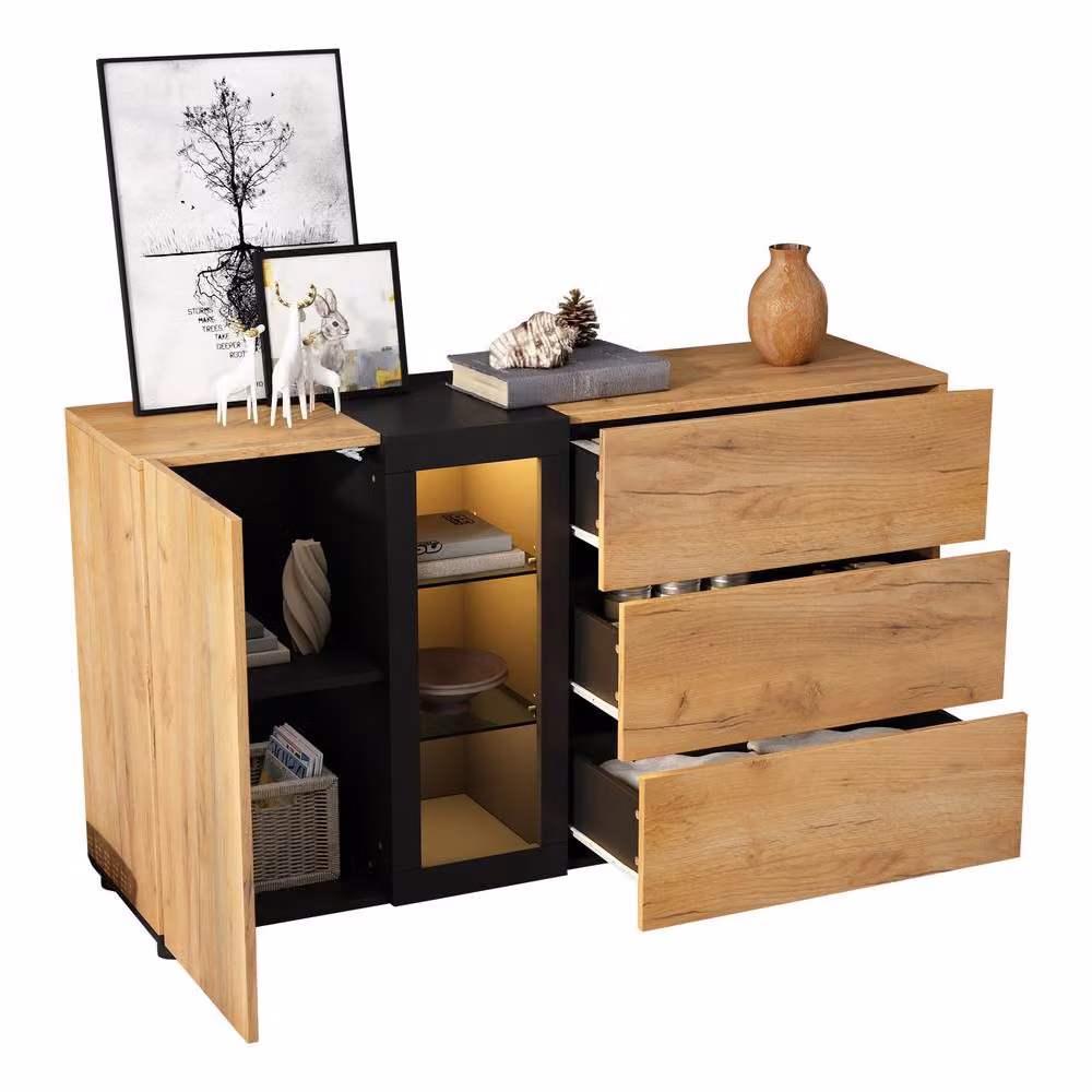 STILVORA Modern Brown Sideboard with Integrated LED Lights and Glass Shelves, Width: 140 cm – 5
