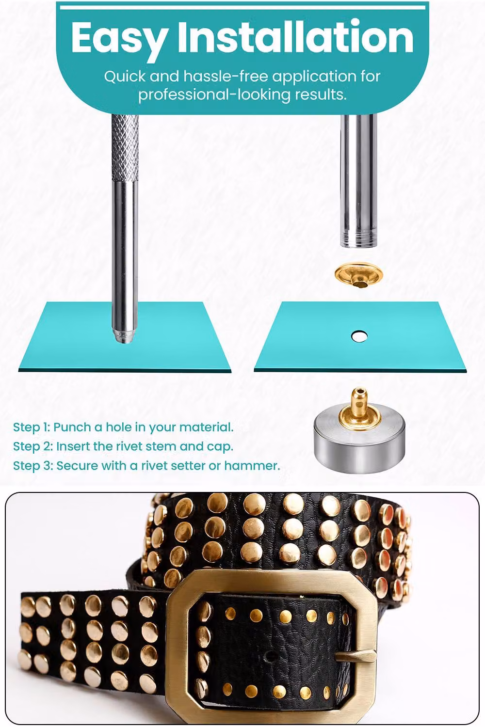 Neel Blue 4mm Double Cap Rivets, 100pcs Gold Tubular Metal Studs – 3