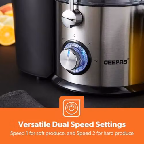 Geepas 800W Centrifugal Juice Extractor in Silver and Black with Stainless Steel Body, 75mm Wide Mouth, 2 Speed and Pulse Functions – 5