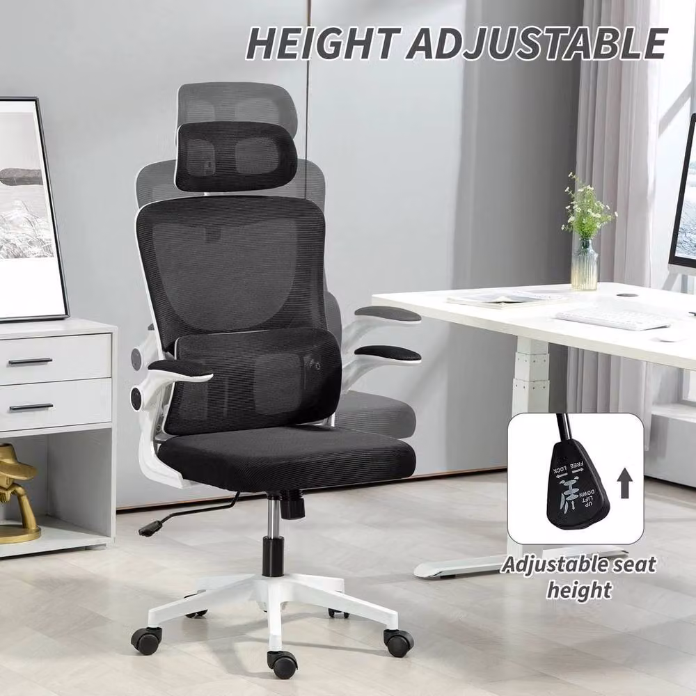 FLAVORA Ergonomic Black Fabric Office Chair with Adjustable Headrest and Armrests – 4