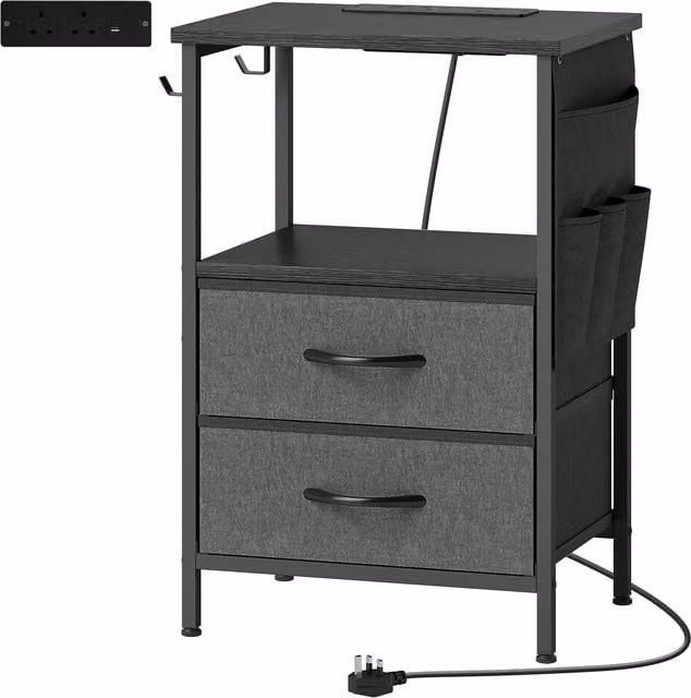 HOMCOM Industrial Bedside Table with Charging Station in Black, W: 30 cm, D: 30 cm, H: 40 cm – 1