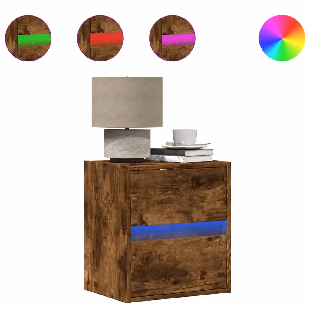 Berkfield Home Wall-mounted Bedside Cabinet with Integrated LED Lights in Smoked Oak Brown – 2