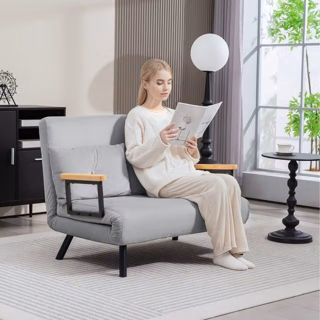 HOMCOM Convertible Single Chair Bed Settee with Armrests in Light Grey Velvet Fabric