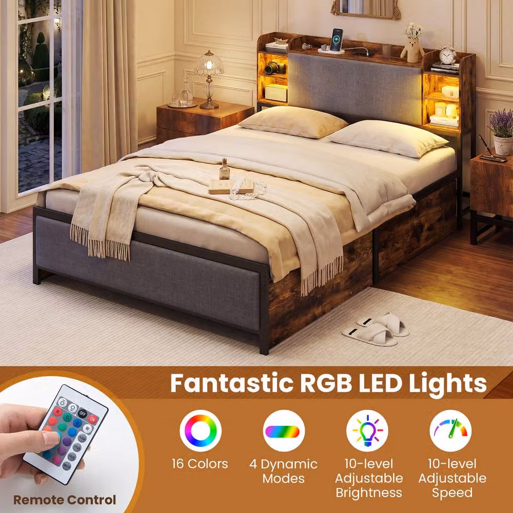 Costway Double Size Platform Bed Frame in Brown with LED Lights, USB Charging Port and Drawers, W/D/H: 140 x 200 cm – 5