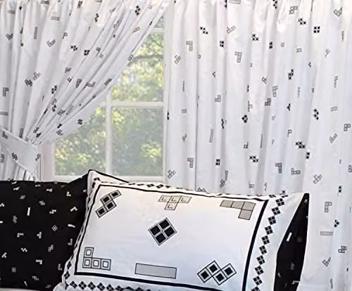 Tetris Monochrome White and Black Pencil Pleat Curtains with Tie Backs, W: 167.64 cm, H: 182.88 cm