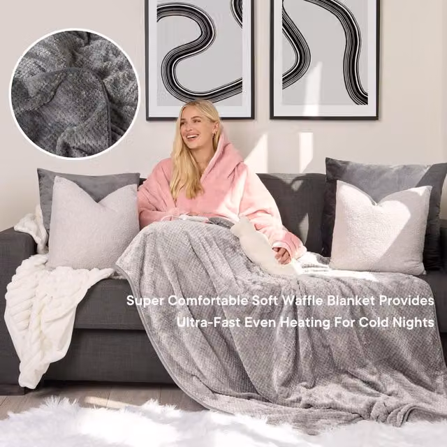 OHS Waffle Fleece Electric Heated Blanket in Grey