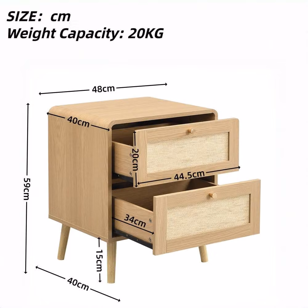 Merax Set of 2 Natural Oak Bedside Tables with Rattan Effect and Two Drawers – 2