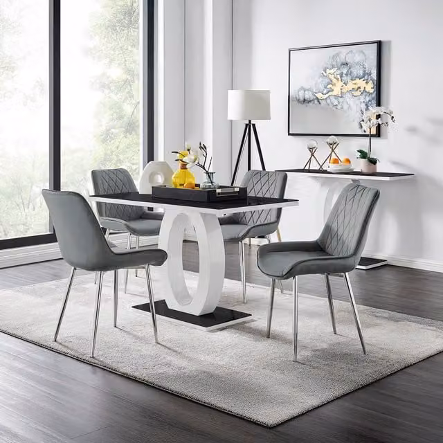 FurnitureboxUK Giovani Black Glass Dining Table and Four Grey Pesaro Silver Leg Chairs