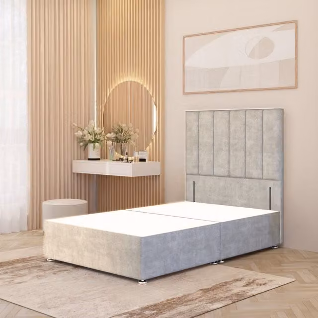 Somnior Beds Ltd Austin Velvet Divan Bed Base with Floor Standing Headboard and Drawers, Silver, W/D/H: 90 x 190 x 34.5 cm