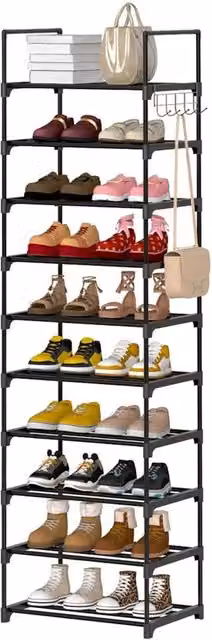VOGREX 10 Tier Vertical Slim Shoe Rack, Tall Narrow Footwear Storage Shelf in Black