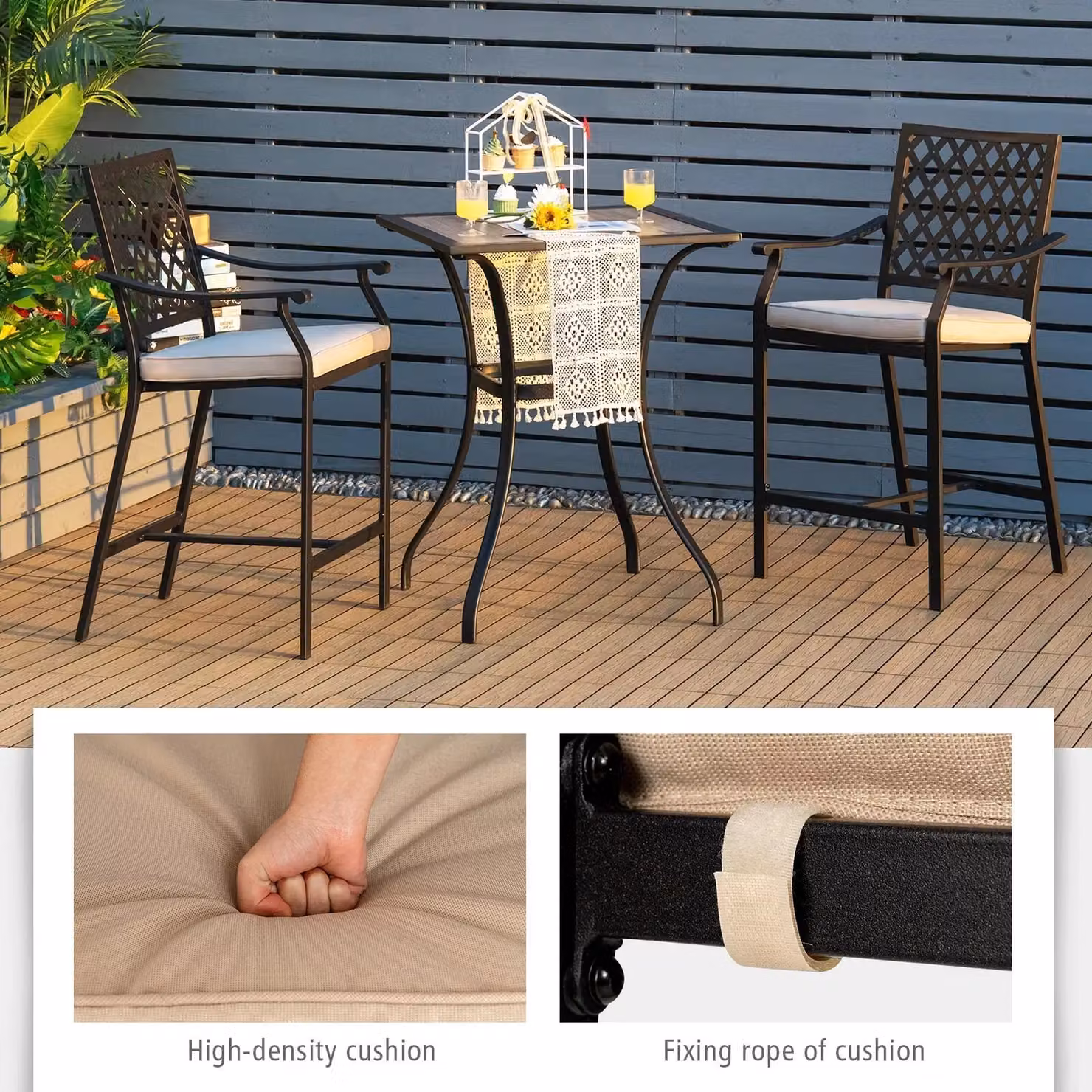 Costway 3 Piece Brown Patio Bar Set with 2 Upholstered Bar Stools – 4