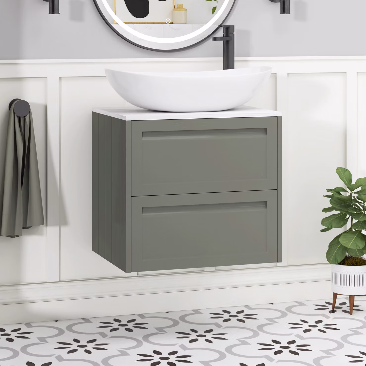 Royal Bathrooms Elmore Matt Green Wall Hung 2 Drawer Vanity Unit with Cesar White Basin, Width: 60 cm