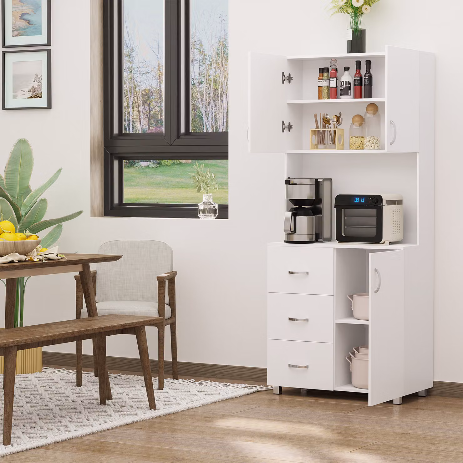 HOMCOM White Freestanding Kitchen Cabinet Cupboard with 2 Doors, 3 Drawers and 1 Open Space, H 183.5 x W 80.0 cm – 2