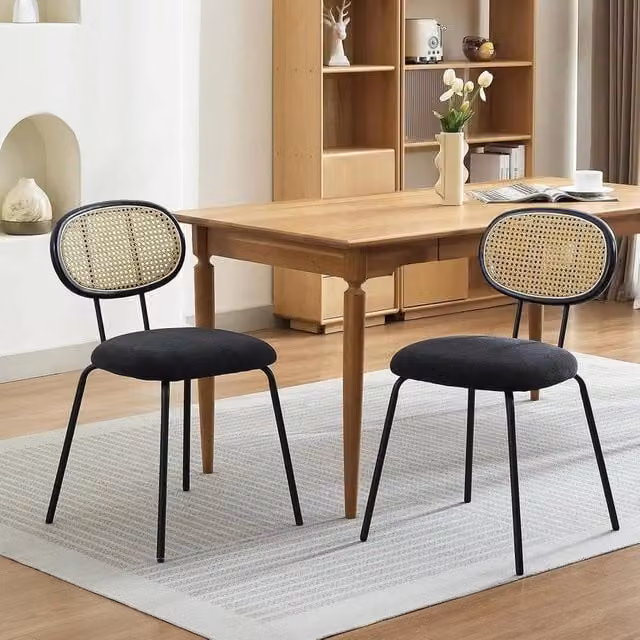 VOGREX Set of 2 Mid-Century Dining Chairs with Rattan and Fabric in Black – 1