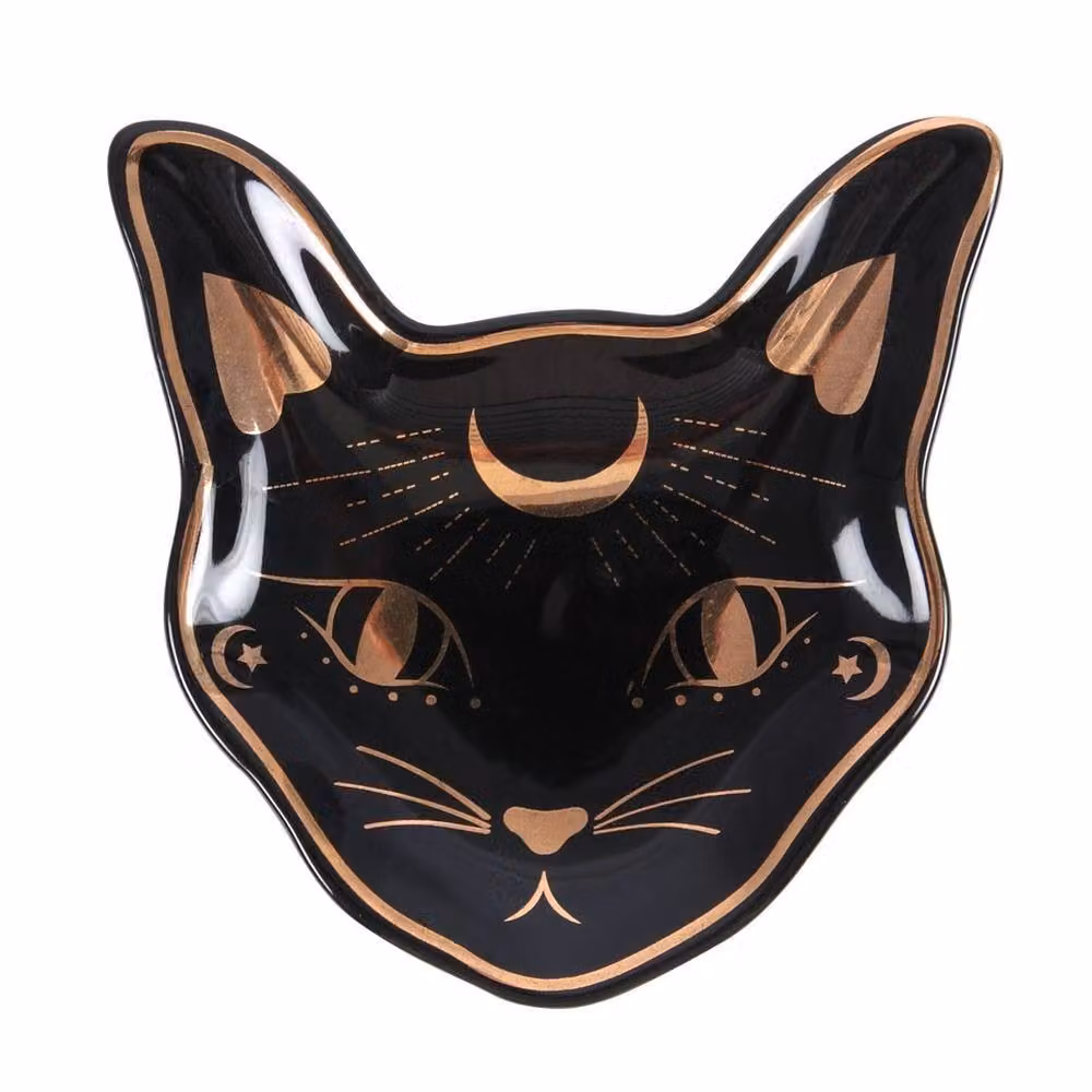 Uniqueful Mystic Mog Cat Face Ceramic Trinket Dish in Black and Gold, Diameter: 15 cm – 2
