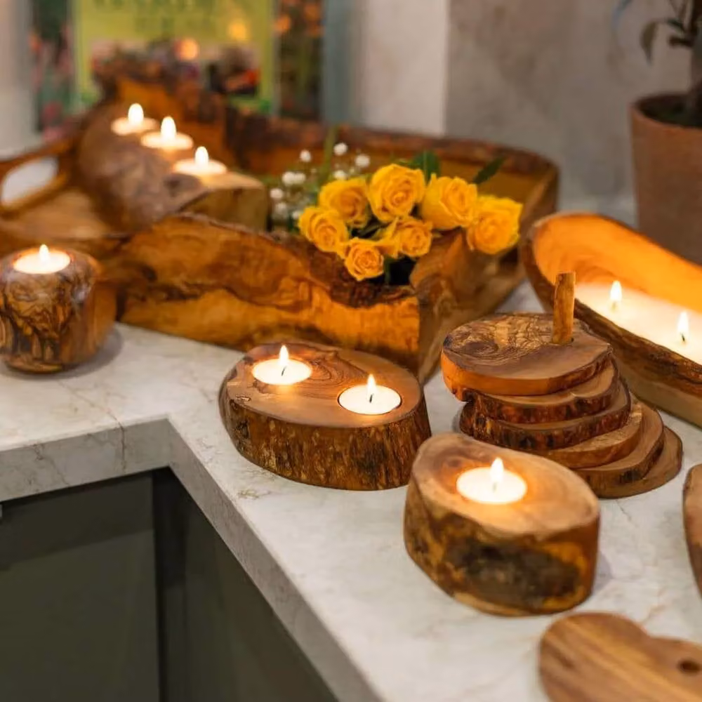 Verano Spanish Ceramics Set of 3 Rustic Olive Wood Tea Light Holders in Brown – 2