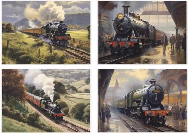 Purely Home Set of 4 British Steam Trains Graphic Glass Placemats, Black and Multicolour, Rectangular