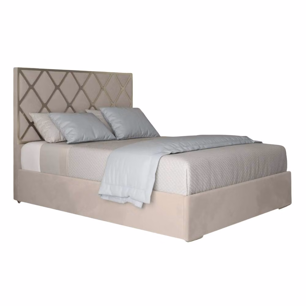 Casani Sudborough Upholstered Velvet Designer Bed Frame in Beige with Metal Details, W/D/H: 140 x 200 x 127 cm – 2