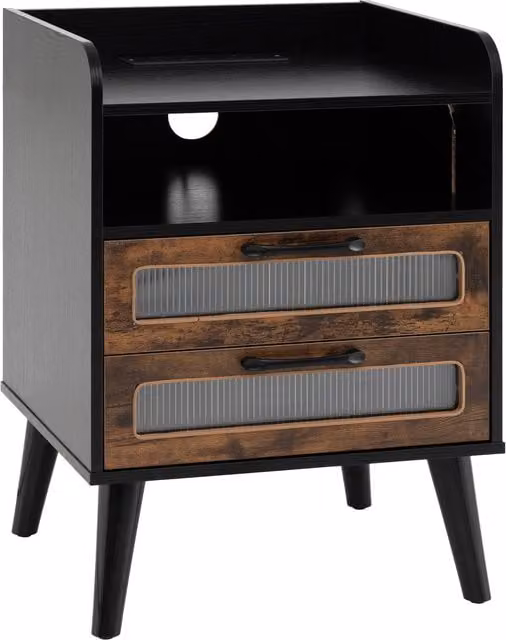 COSTWAY Mid-Century Black Metal Storage End Table with Integrated Lighting