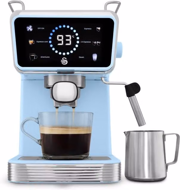 Swan Digital Espresso and Cream Coffee Machine with Touch Display and Steam Wand in Blue
