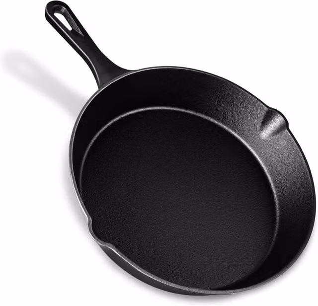 VonShef Black Uncoated Cast Iron Frying Pan with Pouring Spout