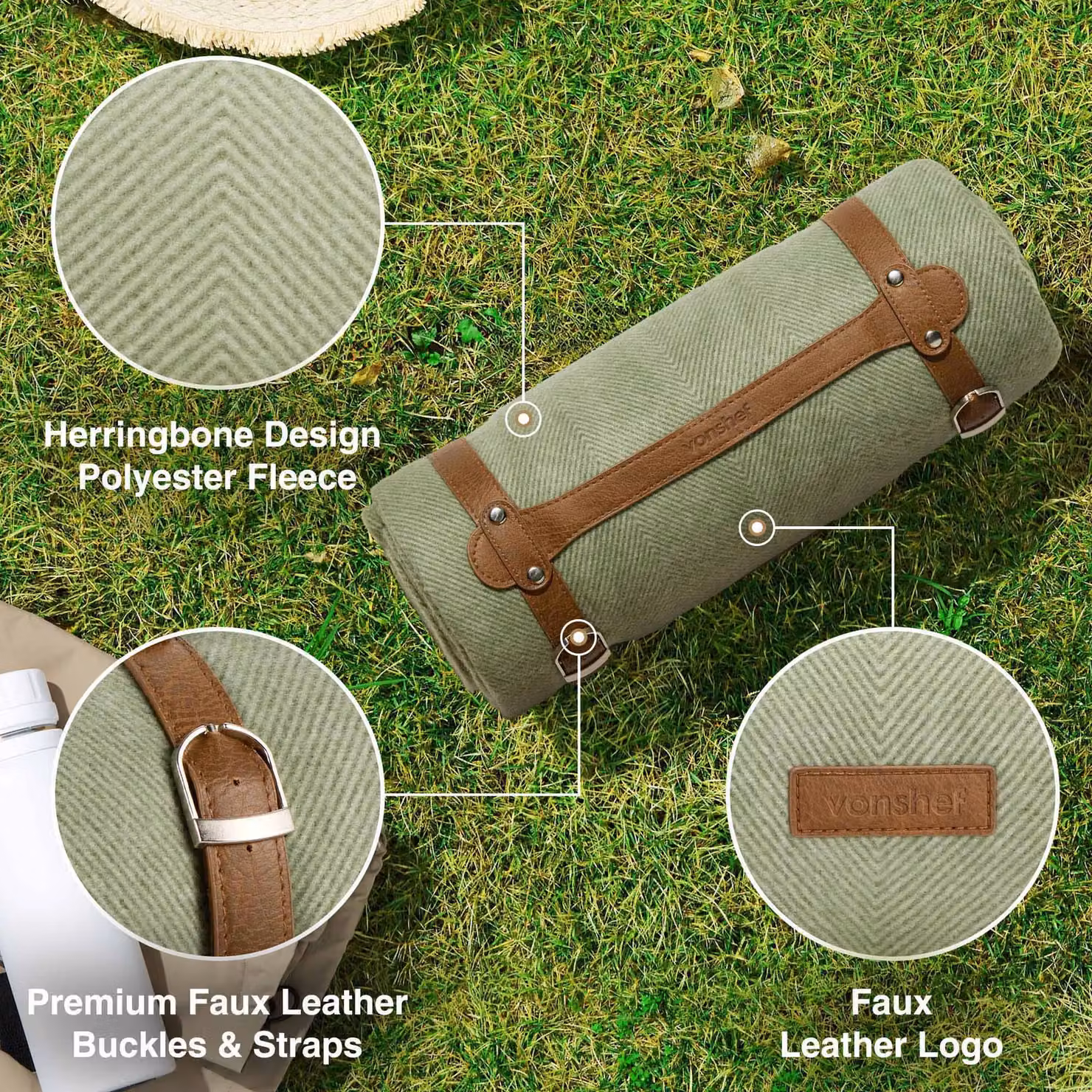 VonShef Green Herringbone Picnic Blanket with Waterproof Underside, W: 147 cm, D: 180 cm – 2