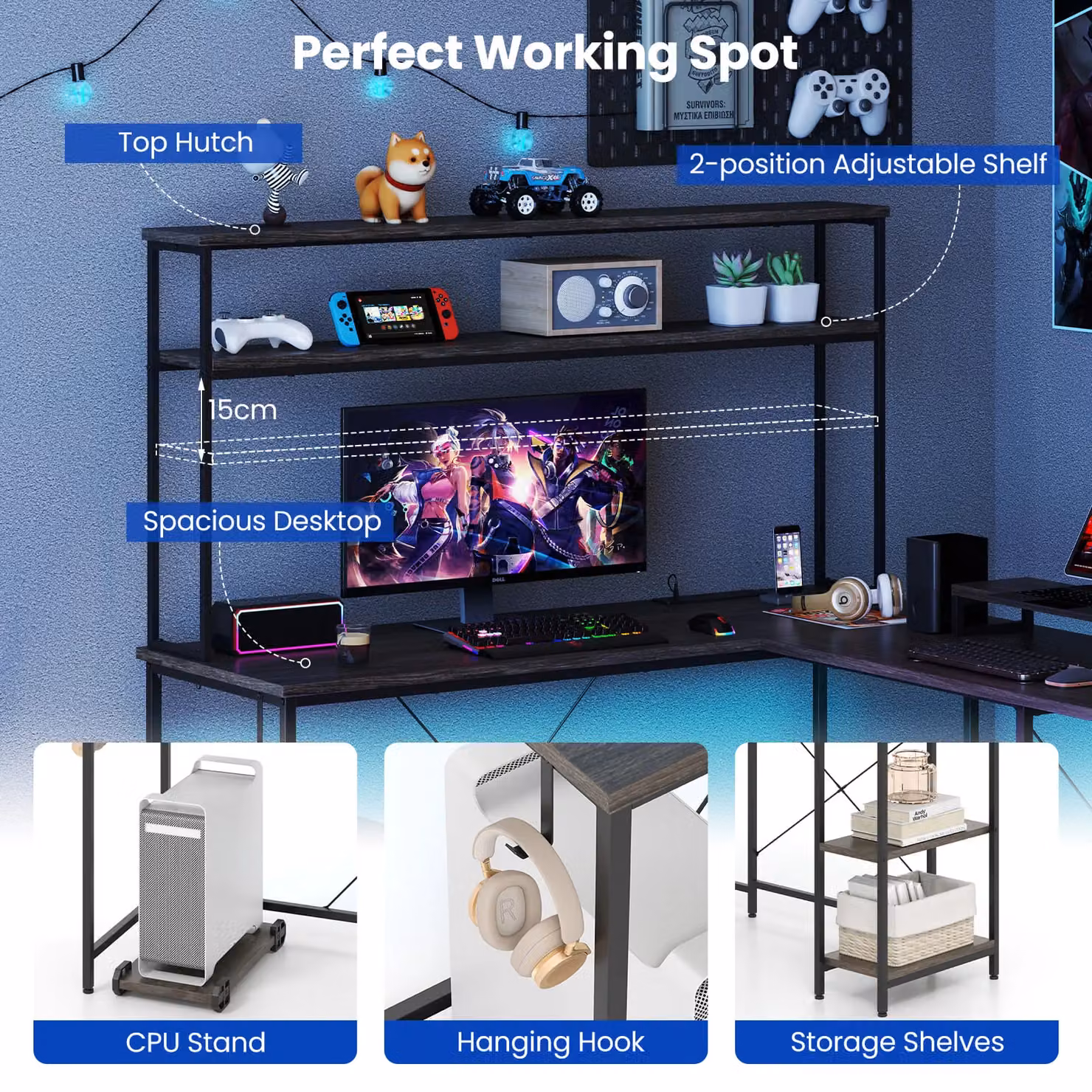 Costway L-Shaped Reversible Corner Gaming Desk with LED Strip in Grey – 3
