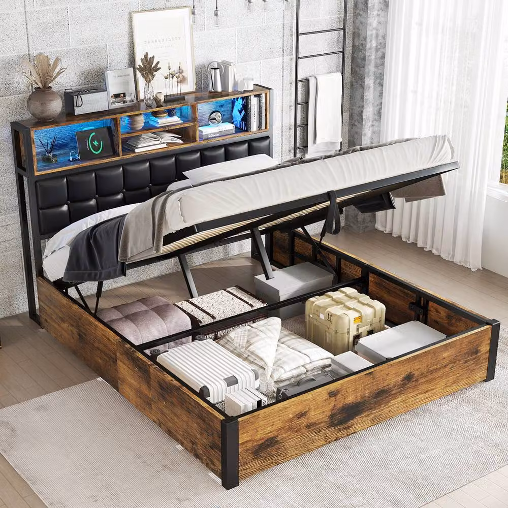 Rolipo 4ft6 Double Hydraulic Storage Bed with LED Lights and USB Charging Ports in Brown – 5