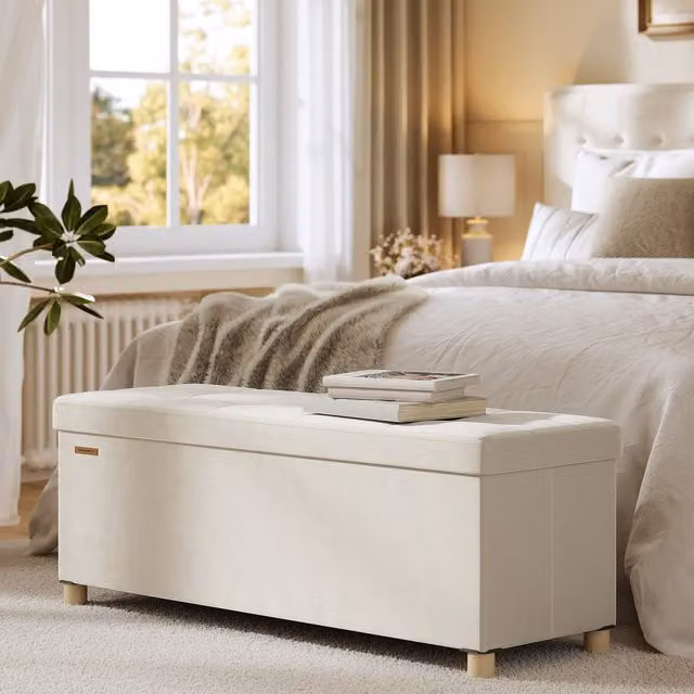 SONGMICS Velvet Storage Ottoman, Folding Brown Storage Bench with Lid