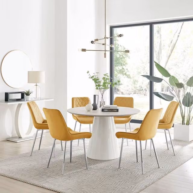 Furniturebox Palma Beige Stone Effect Round Dining Table and 6 Pesaro Silver Chairs in Mustard