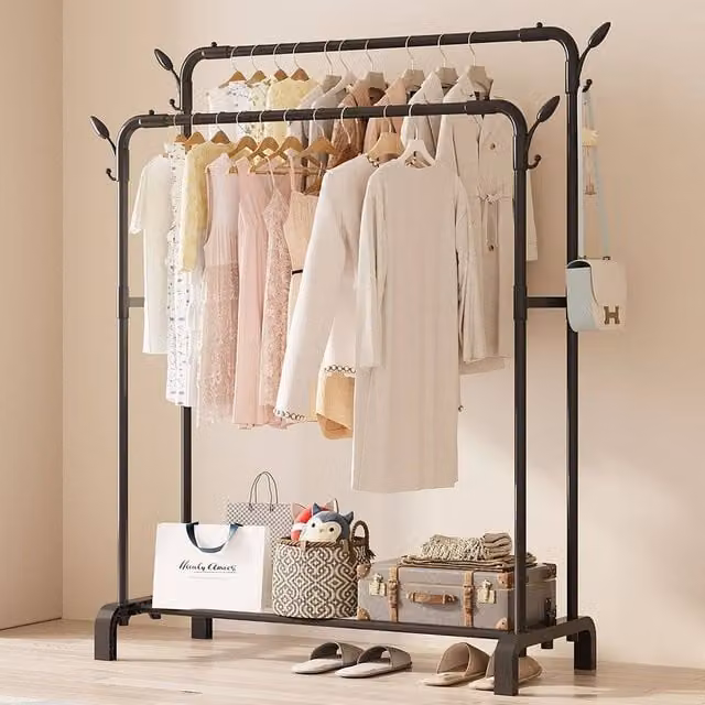 SPETLEK Double Garment Rack Freestanding Clothes Rail with Shoe Storage Shelf in Matt Black, H 145.0 x W 110.0 x D 20.0 cm – 1