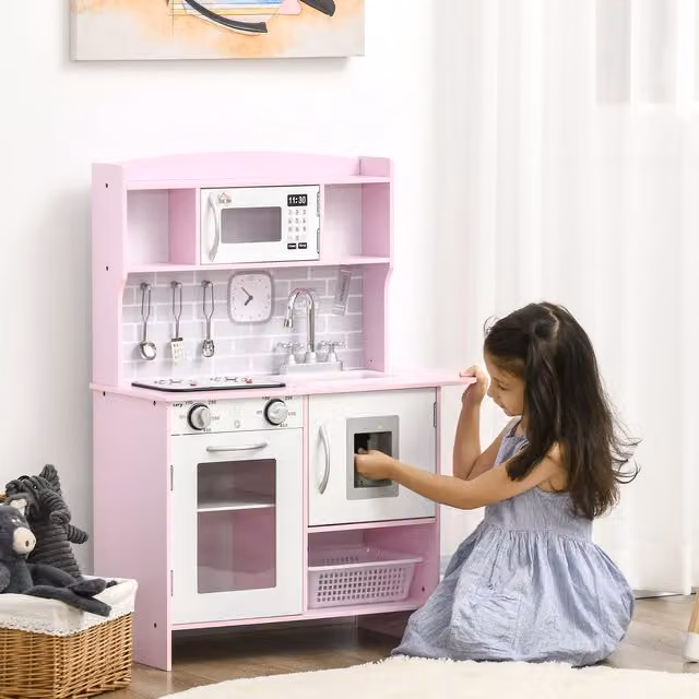 HOMCOM Kids Wooden Kitchen Playset Pretend Play Toy in Pink