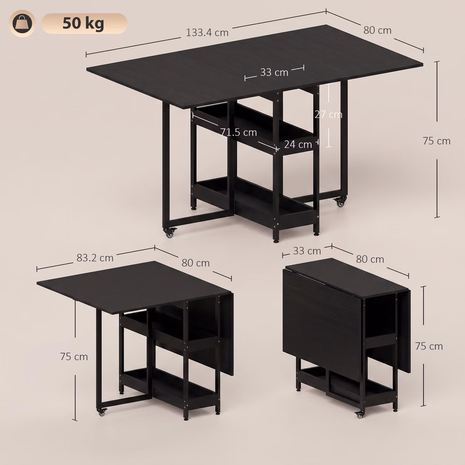 HOMCOM Black Wood-Effect Four-Person Drop Leaf Dining Table with Folding Top – 3