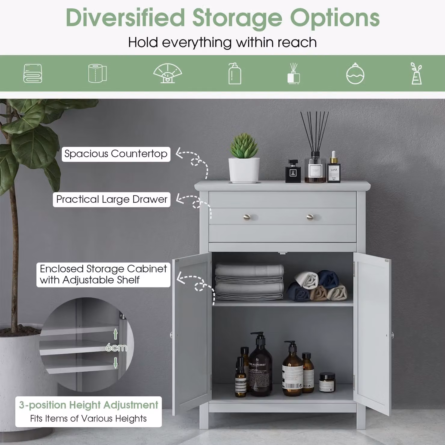 Gymax Grey Freestanding Bathroom Storage Cabinet with Internal Shelves and Drawers – 4