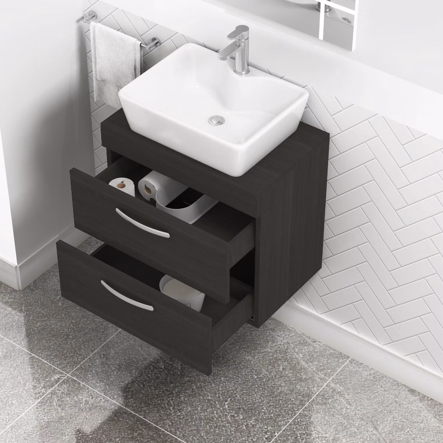 Royal Bathrooms Charcoal Oak Wall Hung Vanity Unit with 2 Drawers and Cube Countertop Basin, Width: 60 cm