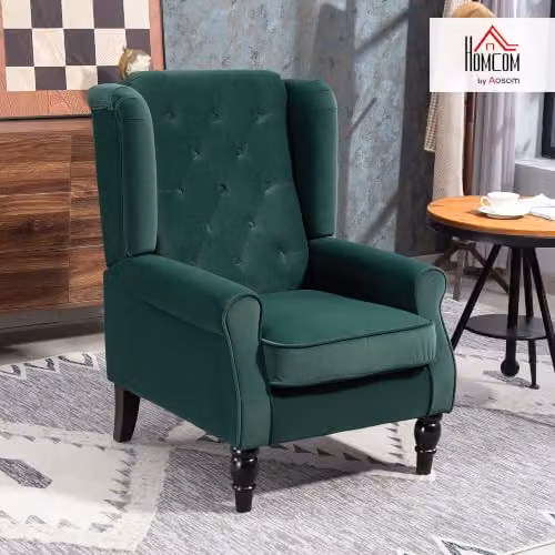 HOMCOM Retro Green Velvet Wingback Accent Chair with Solid Wood Frame, W/D/H: 74 x 102 x 86 cm – 3