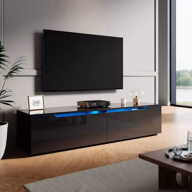 EONLION Black Glossy Modern Wall Mounted Floating TV Stand Unit with Integrated Lighting, Width: 100 cm
