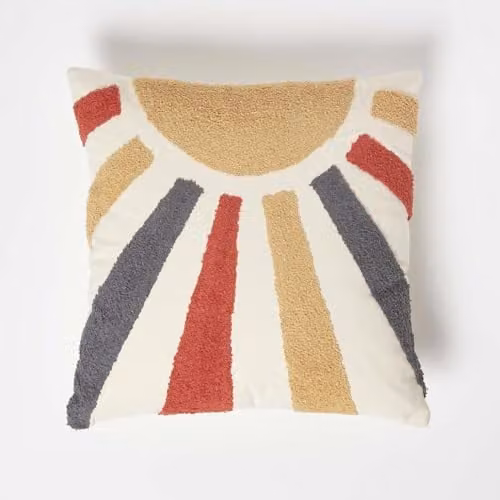 HOMESCAPES Boho Tufted Cotton Cushion with Insert, Yellow, Orange and Grey Sunrise Design, W/D/H: 45 x 45 x 45 cm – 1