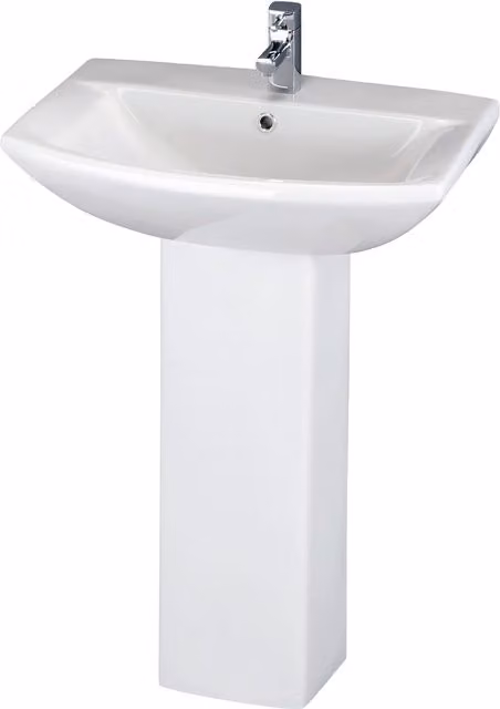 Balterley Square Ceramic Basin with Full Pedestal, 1 Tap Hole, White, Width: 600 mm – 1