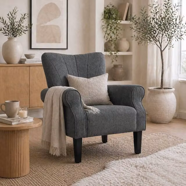 Wyld Haus Suri Mid Century Grey Fabric Accent Armchair with Rubberwood Legs